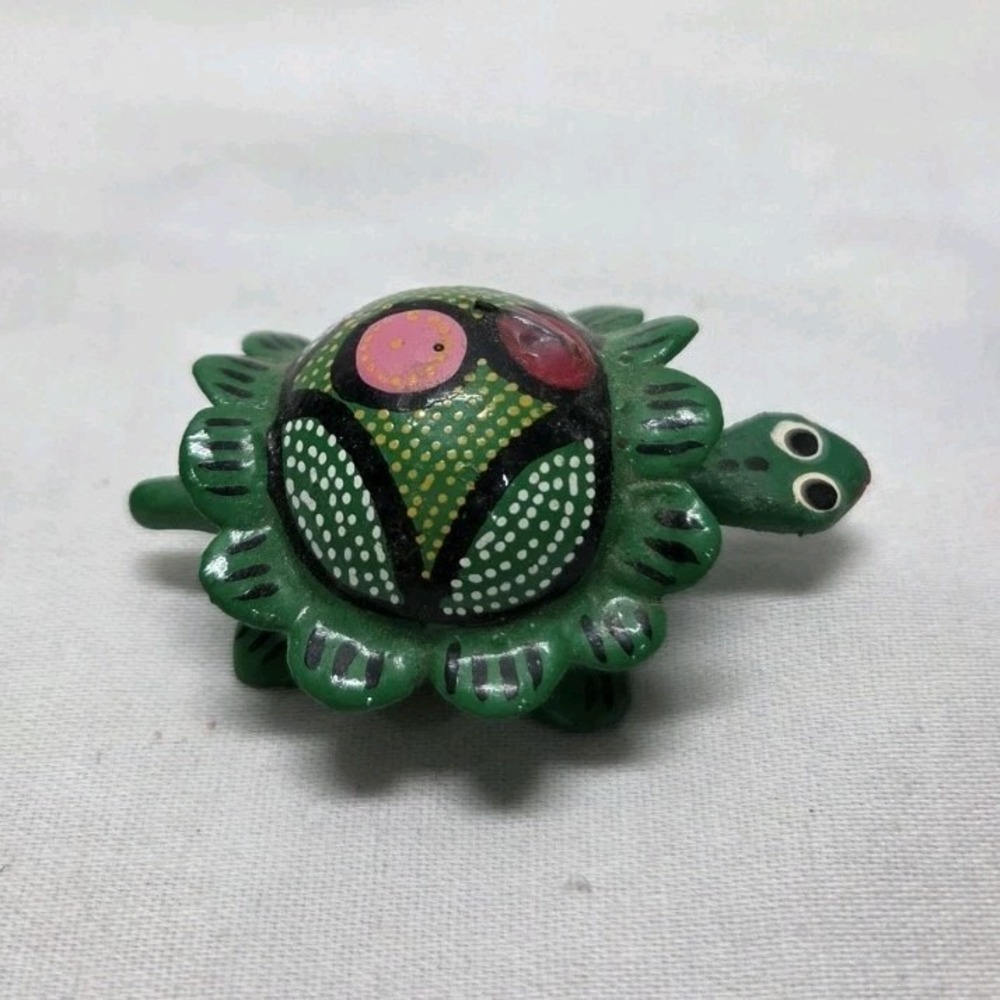 Handmade Hand-Painted Mexican Folk Art Green Turtle Figurine Unique Trinket